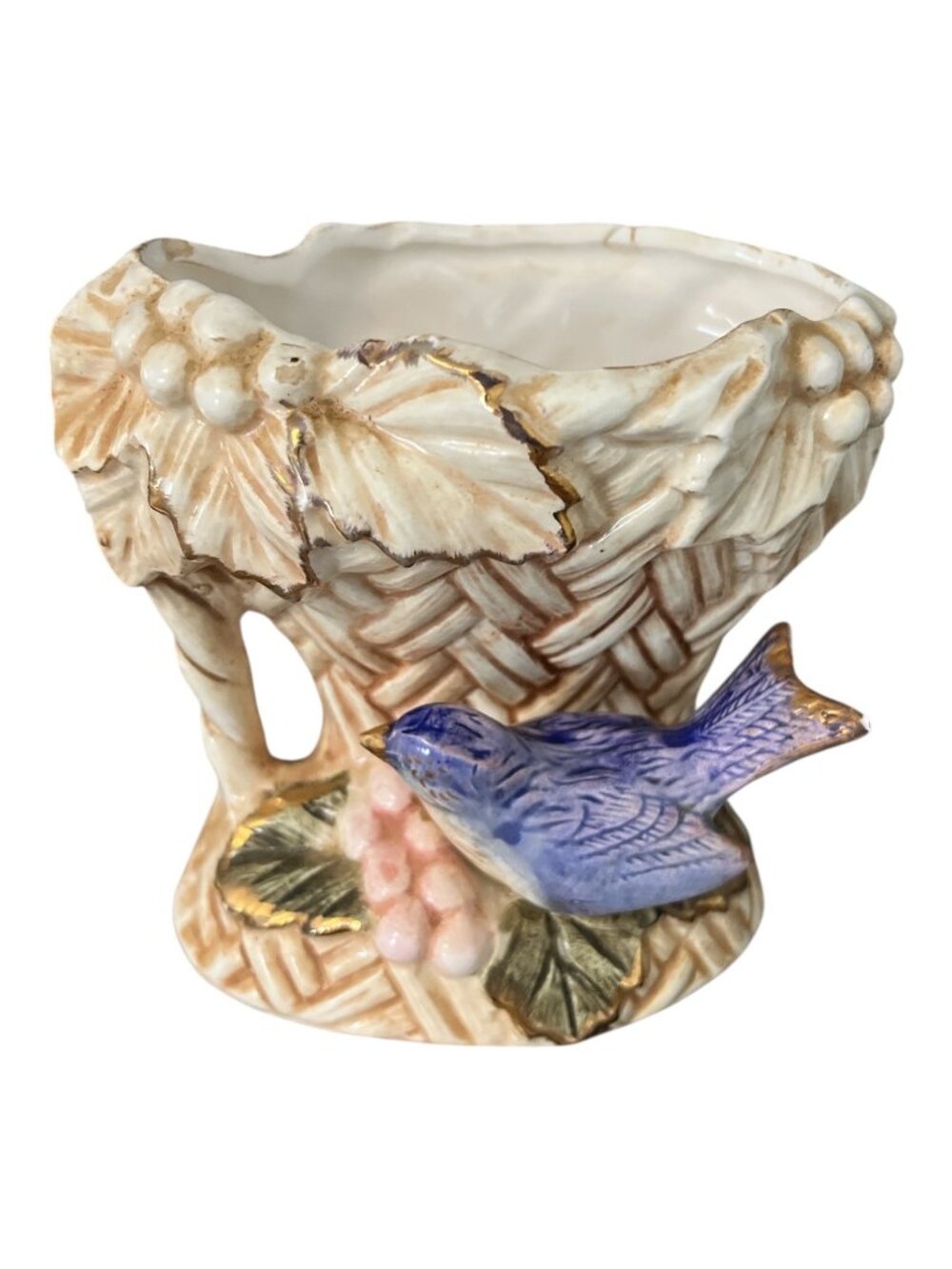 Vintage Norleans Ceramic Bud Vase – Wicker Basket with Bluebird – 4.5 x 3 in – J